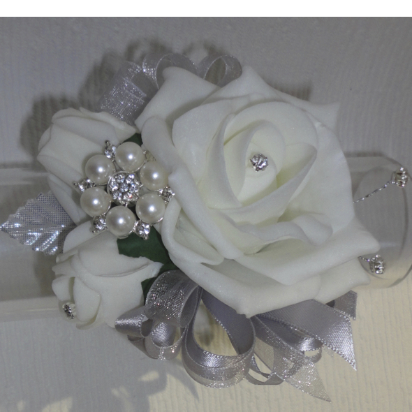 Silver & White Rose & Diamante Wrist Corsage